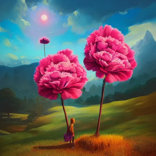 Image similar to giant carnation flower as a head, girl hiking in the mountains, surreal photography, sunrise, dramatic light, impressionist painting, colorful clouds, digital painting, artstation, simon stalenhag