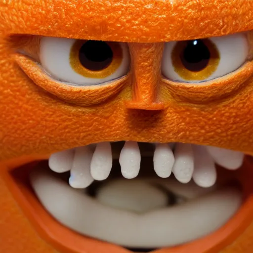 Image similar to a taxidermized annoying orange, in a museum, 8 5 mm lens, 7 0 mm entrance pupil diameter