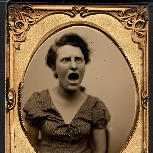 Prompt: tintype of a woman screaming