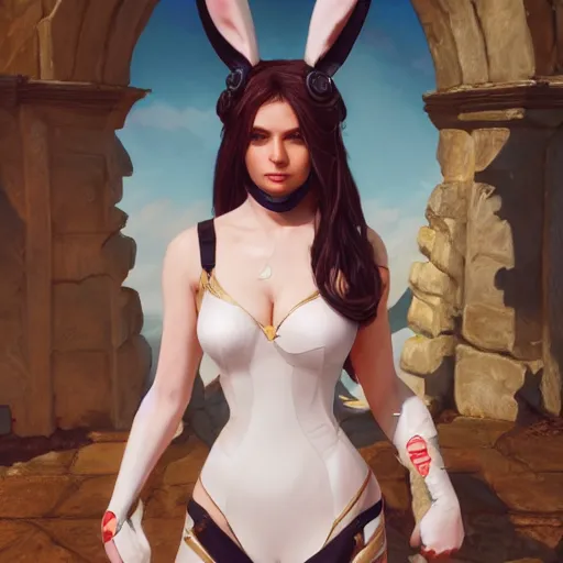 Image similar to reyna ( valorant ) wearing a bunny suit, cg animation, riot entertainment, realistic, character select portrait, by artgerm, greg rutkowski, alphonse mucha, unreal engine 5, trending on artstation, full body