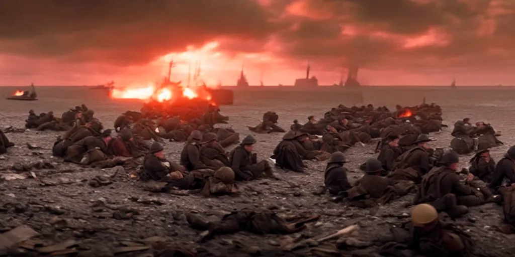 Prompt: a photorealistic film still from dunkirk by roger deakins - a destroyed city, 3 5 mm lens, early morning, dramatic lighting, cinematography, sunset red and orange, cinematic, global illumination, highly detailed, photorealistic