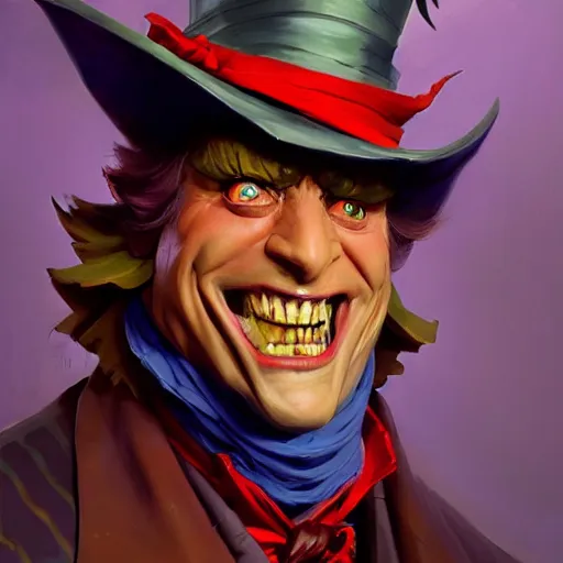 Prompt: greg manchess portrait painting of partially armored mad hatter from alice in wonderland as overwatch character, wacky, medium shot, asymmetrical, profile picture, organic painting, sunny day, matte painting, bold shapes, hard edges, street art, trending on artstation, by huang guangjian and gil elvgren and jesper ejsing