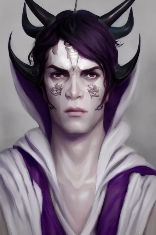 Prompt: white horns djinn man , black hair , concept art, purple and white thich cloak, illustration, costume design, editorial photo, fashion, hyperrealism, realism, trending on artstation, Charlie Bowater, WLOP