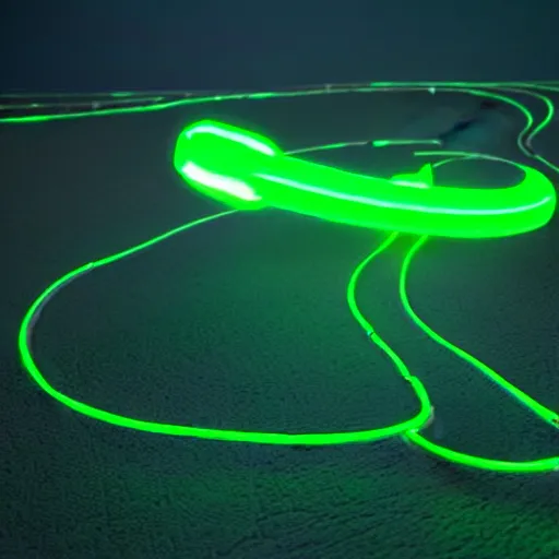 Prompt: a robot snake with glowing green light in the desert, octane render, 3D, accurate