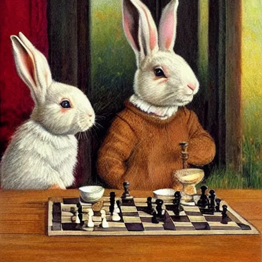 Image similar to rabbits drinking tea and playing chess. Painting of rabbits in sweaters by James Gurney (charming illustration of two cute rabbits).