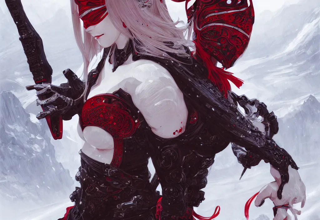 Image similar to portrait attractive ninja gaiden girl, armored white and red ninja wardrobe, at snowy fuji mountain, ssci - fi and fantasy, intricate and detailed, digital painting, artstation, concept art, smooth and sharp focus, illustration, art by tian zi and wlop and alphonse mucha