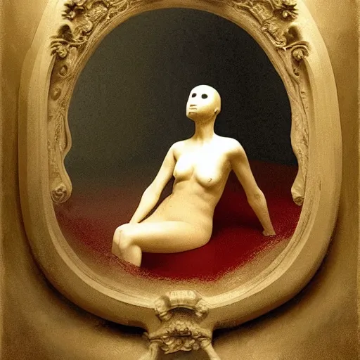 Prompt: an all white human, with no facial features, like a white mask pulled over their face, full body laying in a blood red pool of water between a golden mirror frame, outside is space at the bohemian grove and inside the mirror frame is a beautiful landscape., physically accurate, dynamic lighting, intricate, elegant, highly detailed, very very Roberto Ferri, sharp focus, very very unsettling, very terrifying, illustration, art