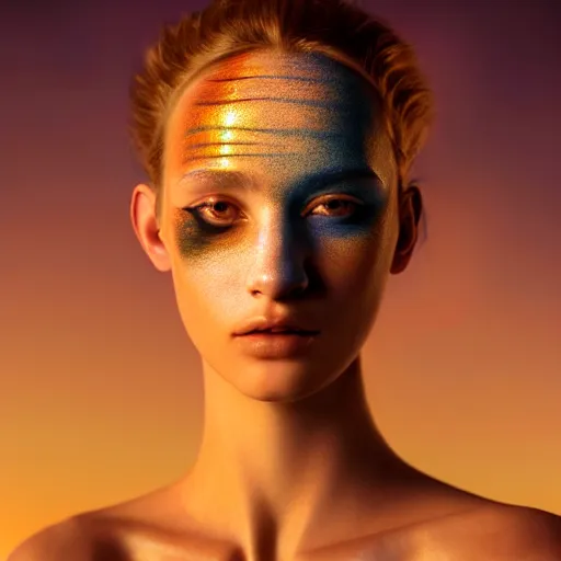 Image similar to photographic portrait of a stunningly beautiful renaissance female with abstract tribal makeup in soft dreamy light at sunset, contemporary fashion shoot, by edward robert hughes, annie leibovitz and steve mccurry, david lazar, jimmy nelsson, breathtaking, 8 k resolution, extremely detailed, beautiful, establishing shot, artistic, hyperrealistic, beautiful face, octane render