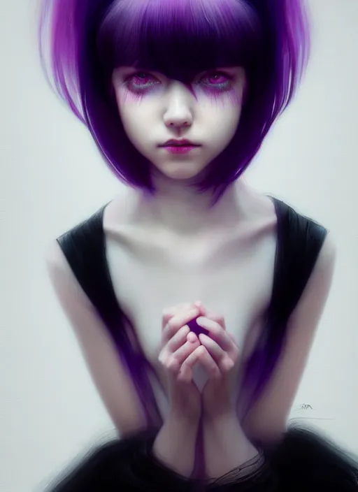 Image similar to portrait of teenage girl, red irises, bangs, black and white hair, white bangs, purple clothes, white bangs, two color hair, black hair and white bangs, intricate, elegant, glowing lights, highly detailed, digital painting, artstation, concept art, smooth, sharp focus, illustration, art by wlop, mars ravelo and greg rutkowski