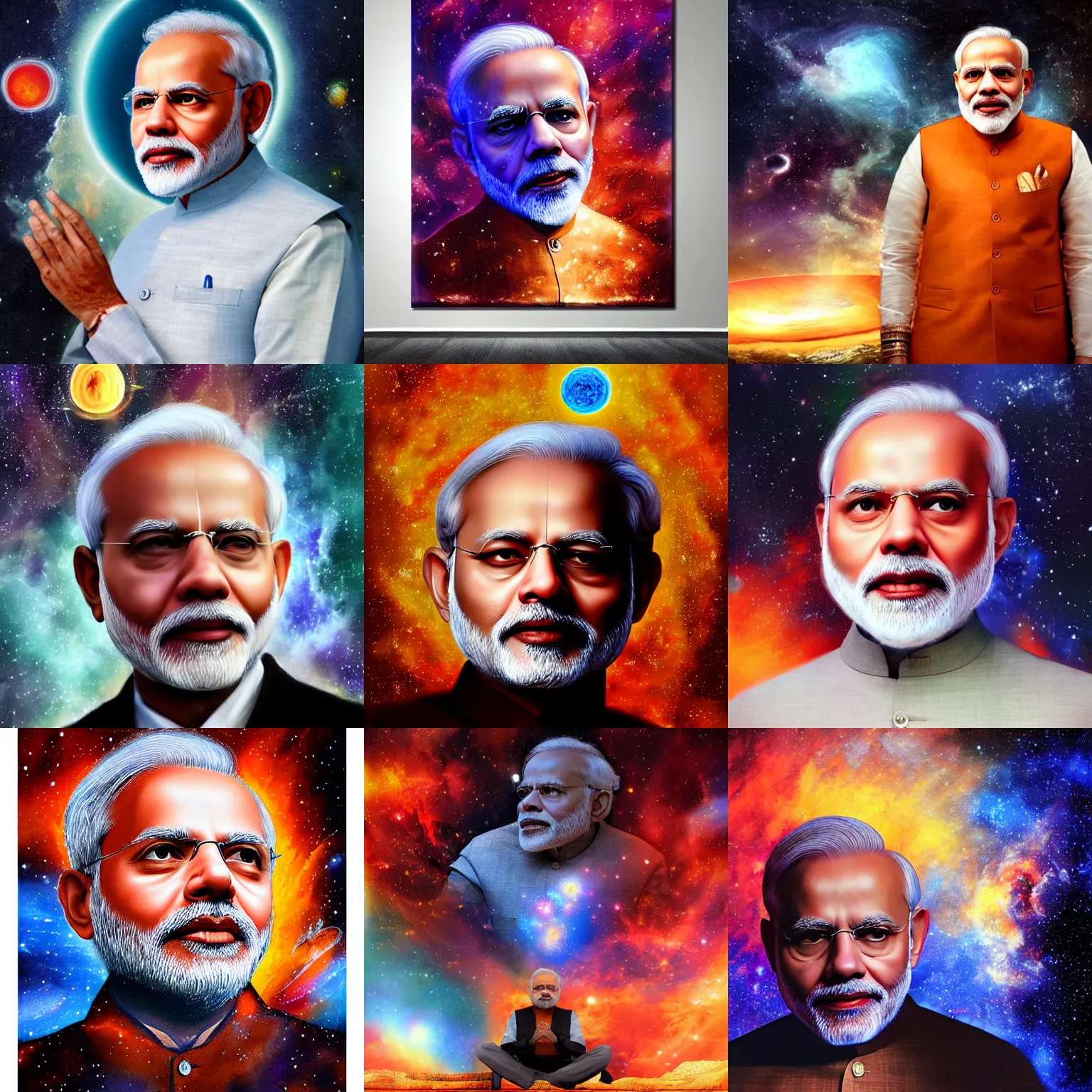 Prompt: portrait of Narendra Modi in the space with nebulae, realistic painting, classical painting, high definition, digital art, dramatic lighting, matte painting, very detailed, realistic