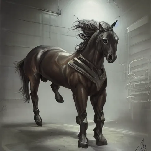 Image similar to an enormously muscular anthro horse in a research facility wearing a skintight body armor, experimental supersoldier, long white mane, equine, anthro art, furaffinity, highly detailed, digital painting, artstation, concept art, illustration, art by artgerm, greg rutkowski, ruan jia