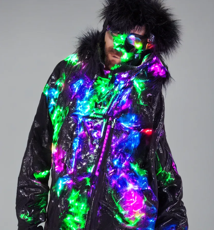 Prompt: autumn season rave jacket with led skin and fluffy lining in the style of cyberdog, futuristic psychedelic hippy, product shot, dark background