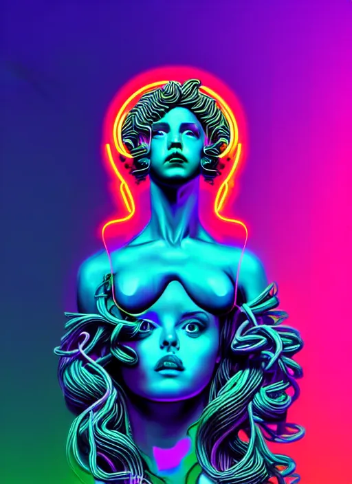 Image similar to statue of medusa, beeple, android jones, liam wong, ( ( ( ( ( dan mumford ) ) ) ) ), vaporwave, retrowave, black background, neon wiring, black, glitch, strong contrast, cuts, pinterest, trending on artstation