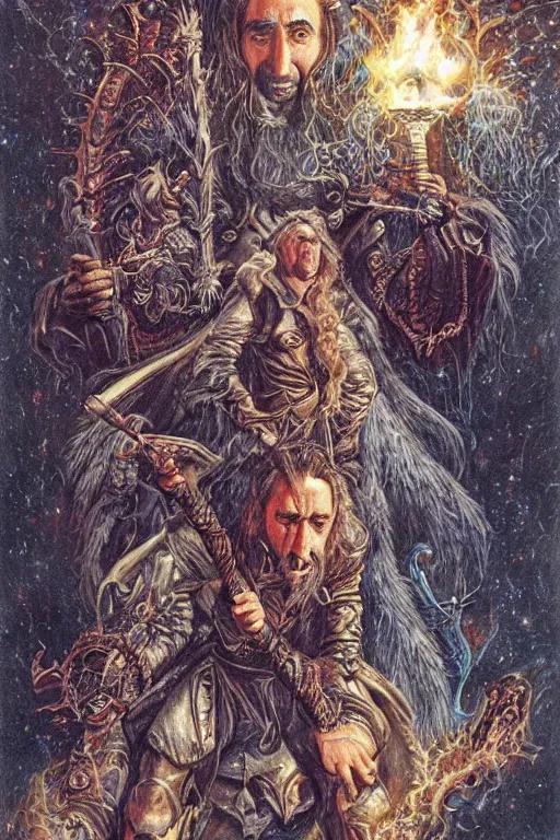 Image similar to Nicolas Cage as wizard, fantasy, intricate, highly detailed, illustration by ken kelly