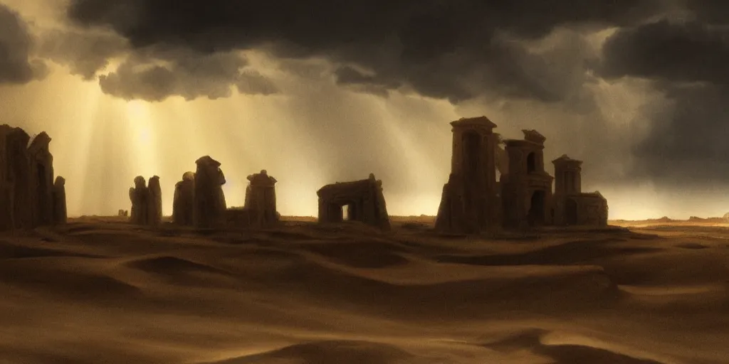Prompt: a wide desertic matte painting landscape with ancient temple buried in the sun. big sand dunes. dramatic sky with storm clouds and sunrays by goya. eerie lighting. photorealistic. artstation. hd.