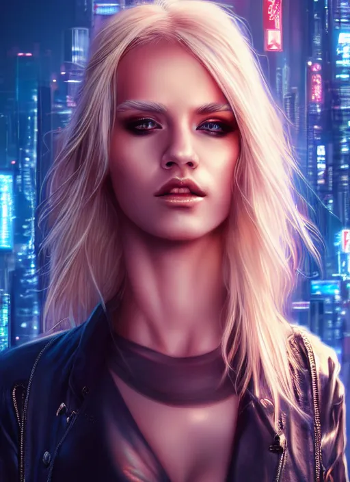 Image similar to photo of a gorgeous blonde female in cyberpunk city, realistic, sharp focus, 8 k high definition, insanely detailed, intricate, elegant, artgerm, greg kutkowski, high contrast dramatic lighting