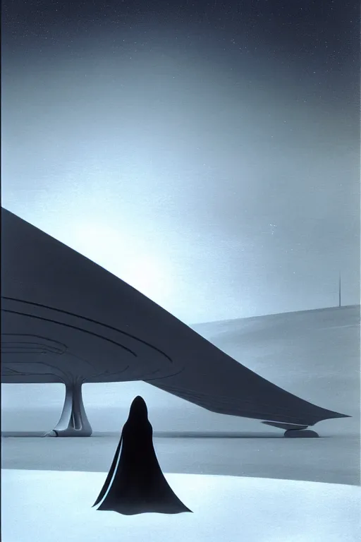 Image similar to emissary snowy space by arthur haas and bruce pennington and john schoenherr, cinematic matte painting, zaha hadid building, photo realism, dark monochrome color palate, small woman silhouette for scale