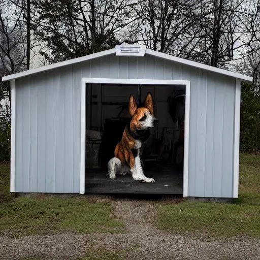 Prompt: A cyberpunk shed with a dog sitting by the door