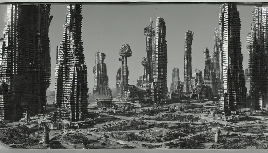 Image similar to platinotype photograph of a sci-fi futuristic city