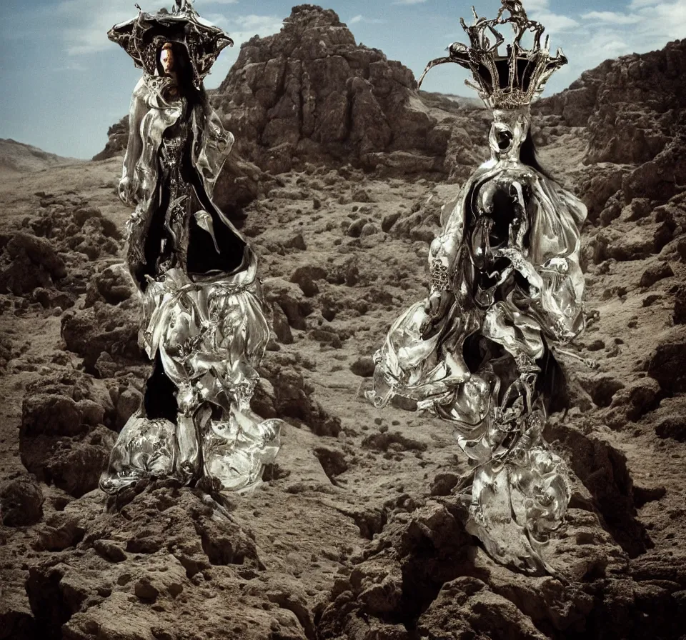 Prompt: portrait of salvador dali wearing a crown and costume with jewels in a dry rocky desert landscape, visible sky and sunny atmosphere, alien spaceship by giger, film still from the movie by alejandro jodorowsky with cinematogrophy of christopher doyle and art direction by hans giger, anamorphic lens, kodakchrome, very detailed photo, 8 k