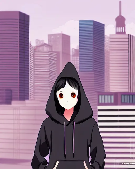 Image similar to black haired girl wearing hoodie, detailed city background, anime illustration by anmi