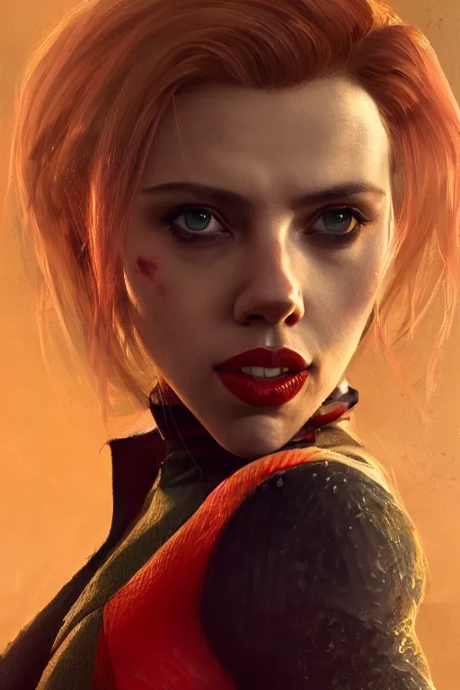 Image similar to a portrait of a Scarlett Johansson as Harley Quinn by Greg Rutkowski, Sung Choi, Mitchell Mohrhauser, Maciej Kuciara, Johnson Ting, Maxim Verehin, Peter Konig, final fantasy , mythical, 8k photorealistic, cinematic lighting, HD, high details, atmospheric,