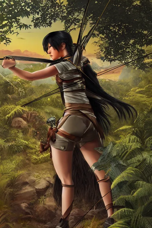 Image similar to female archer with leafy black hair crouching on sunset forest. high detail