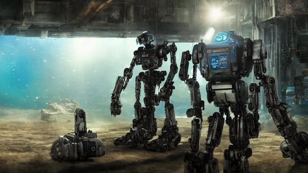 Prompt: film still from the movie chappie of the robot chappie shiny metal outdoor pacific ocean underwater scene bokeh depth of field several figures furry anthro anthropomorphic stylized cat ears head android service droid robot machine fursona