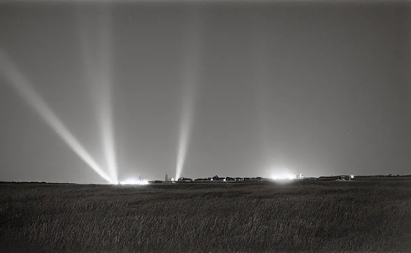 Image similar to red beam of light from lighthouse rotating over the field, night, unsettling, fire on the horizon, photo 1998