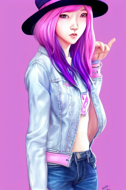 Image similar to gorgeous!!! hyper - realistic teenager girl with pink hair, light pink fedora hat and light pink jacket, with purple gloves, blue jeans and white shoes | drawn by wlop, drawn by jeehyung lee, drawn by artgerm | intricate, highly detailed, digital painting, character design, concept art, illustration, artstation