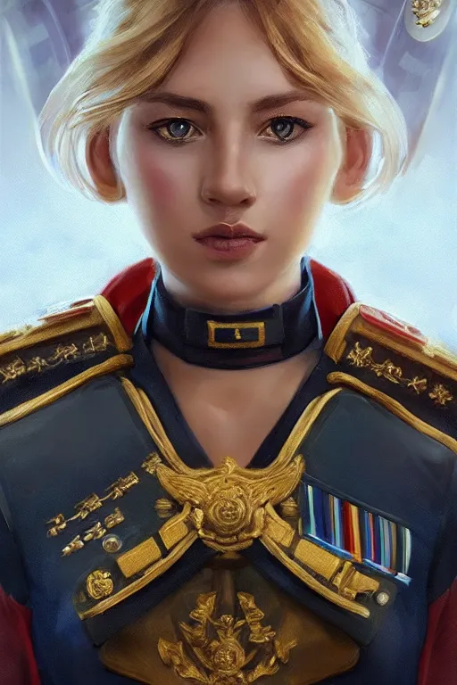 Image similar to beautiful portrait of a female officer wearing a fancy naval uniform, art by wlop and artgerm, science fiction, intricate detail, blonde hair, space background, trending on artstation, sharp focus, illustration, caustics, octane render, radiant light, 4 k