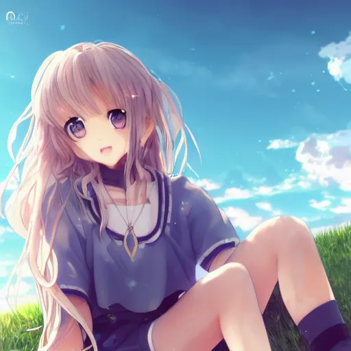 Prompt: a very beautiful anime girl, full body, long wavy blond hair, sky blue eyes, full round face, short smile, cute top, miniskirt, sitting in the grass, cinematic lightning, medium shot, mid-shot, highly detailed, trending on Artstation, Unreal Engine 4k, cinematic wallpaper by Stanley Artgerm Lau, WLOP, Rossdraws, James Jean, Andrei Riabovitchev, Marc Simonetti, and Sakimichan