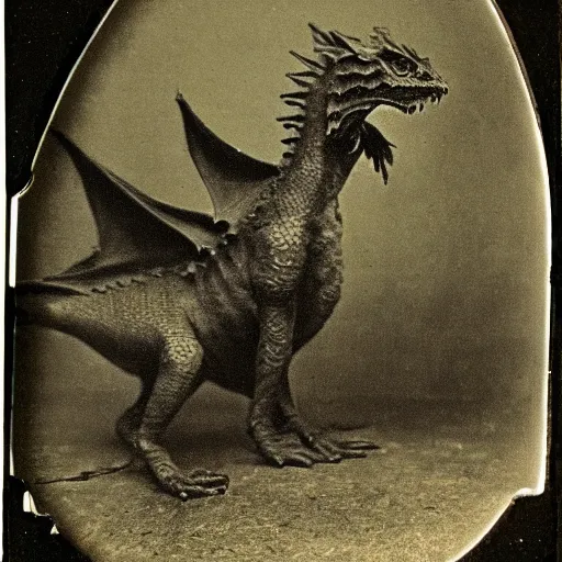 Image similar to victorian photograph of a pet dragon, highly realistic, scaly, grainy photo, very blurry, creature, faded, taken in the 1 8 8 0 s, 1 8 7 0 s, 1 8 9 0 s