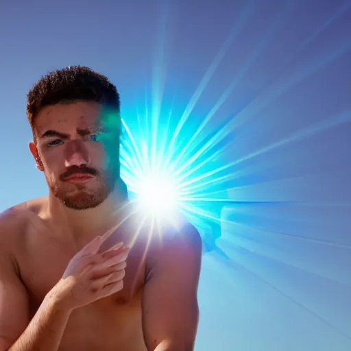 Prompt: a man with the oiliest skin possible, his skin is so bright it causes a lens flare and overexposes the picture