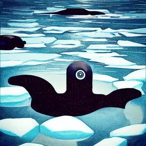 Image similar to “robot seals swimming through the Arctic Ocean, anime style”