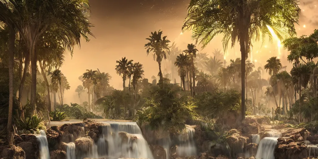 Image similar to beautiful oasis waterfalls surrounded by palm trees, moroccan tile archways, date trees, ivory towers, sun setting, ross tran, nephilim, pyroclastic flow, ethereal, fantasy, james jean, oozium, peter morbacher angelarium alchemy luxury heavenly light soft illumination, trending on artstation, cinematic lighting, digital painting, octane render, artgerm