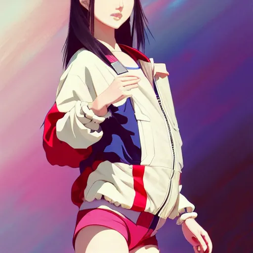 Image similar to a beautiful japanese natalie portman gravure model, wearing oversized native designer bomber jacket and leotard with overalls, bulky poofy bomber jacket with mesoamerican patterns, mesoamerican native street fashion, gapmoe yandere grimdark, trending on pixiv fanbox, painted by greg rutkowski makoto shinkai takashi takeuchi studio ghibli, akihiko yoshida