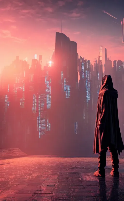 Image similar to a singular cloaked figure standing in the foreground of a cyberpunk landscape, synth, puddles, sunrise