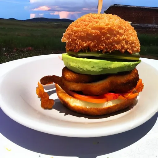 Image similar to sandwich with fried tofu, also one tomato slice, two onion rings, avocado and cheddar, over a dish and over a table, outside with a sunset and rainbow in the background with saturn and stars in the sky