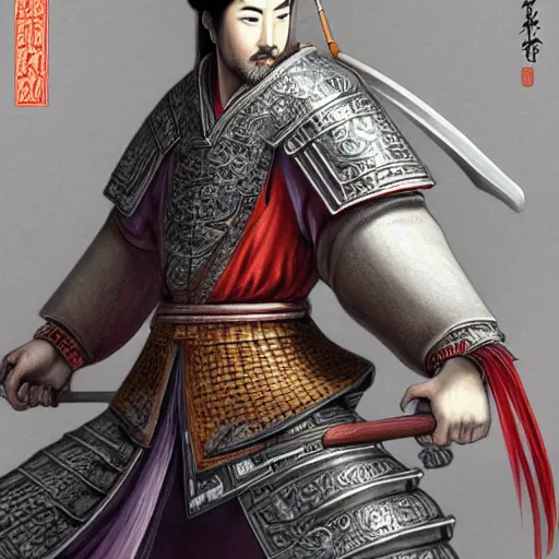 Image similar to dynamic composition, motion, ultra-detailed, incredibly detailed, a lot of details, amazing fine details and brush strokes, colorful and grayish palette, smooth, HD semirealistic anime CG concept art digital painting, watercolor oil painting of a Tang Ming dynasty chinese tao fantasy general wearing armor, from Three Kingdoms, by a Chinese artist at ArtStation, by Huang Guangjian, Fenghua Zhong, Ruan Jia, Xin Jin and Wei Chang. Realistic artwork of a Chinese videogame, gradients, gentle an harmonic grayish colors