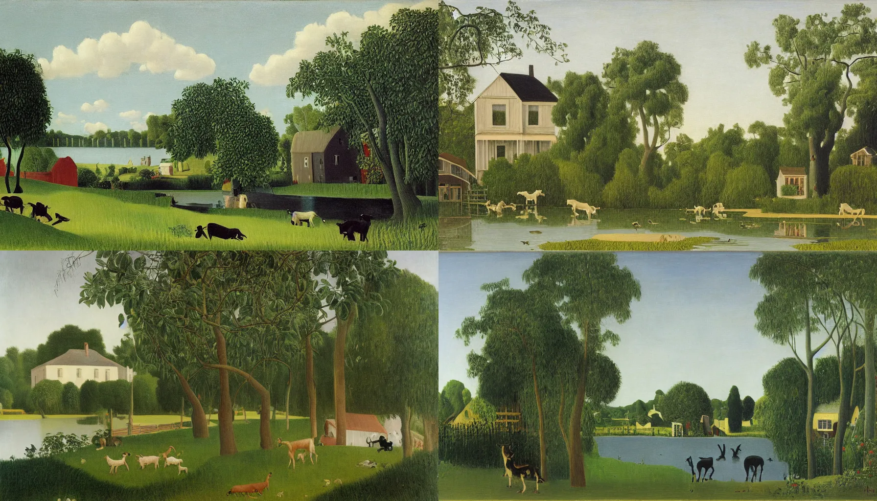 Prompt: quaint victorian farmhouse beside a lake with goats in the adjacent yard, by henri rousseau, full resolution