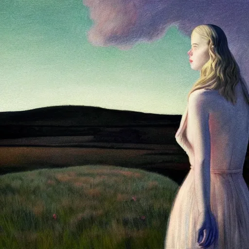 Image similar to Elle Fanning in the painted world of Purity Ring, head and shoulders masterpiece, apocalypse, golden hour, cosmic horror, artstation, in the style of Andrew Wyeth and Edward Hopper and Bosch, extremely detailed