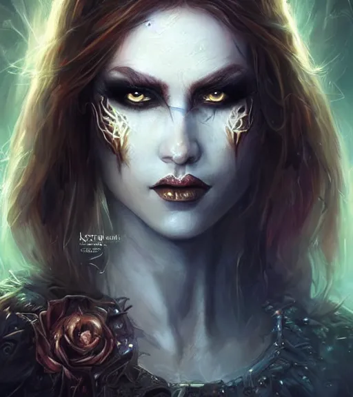 Image similar to a higly detailed full body shot and face portrait painting of a grim female sorceress with piercing eyes beautiful eyes, dynamic lighting, ambient lighting, deviantart, art by artgerm and karol bak and mark brooks