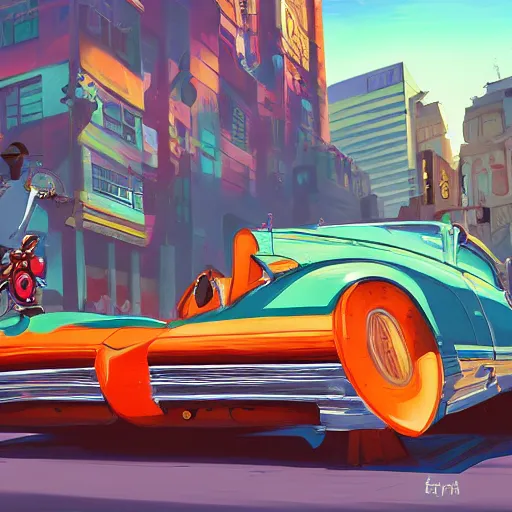 Image similar to swagger! lowrider culture, living large in the city by tyler edlin, editorial, bold colors, detailed, bold colors, incredible lighting, great composition, artstation