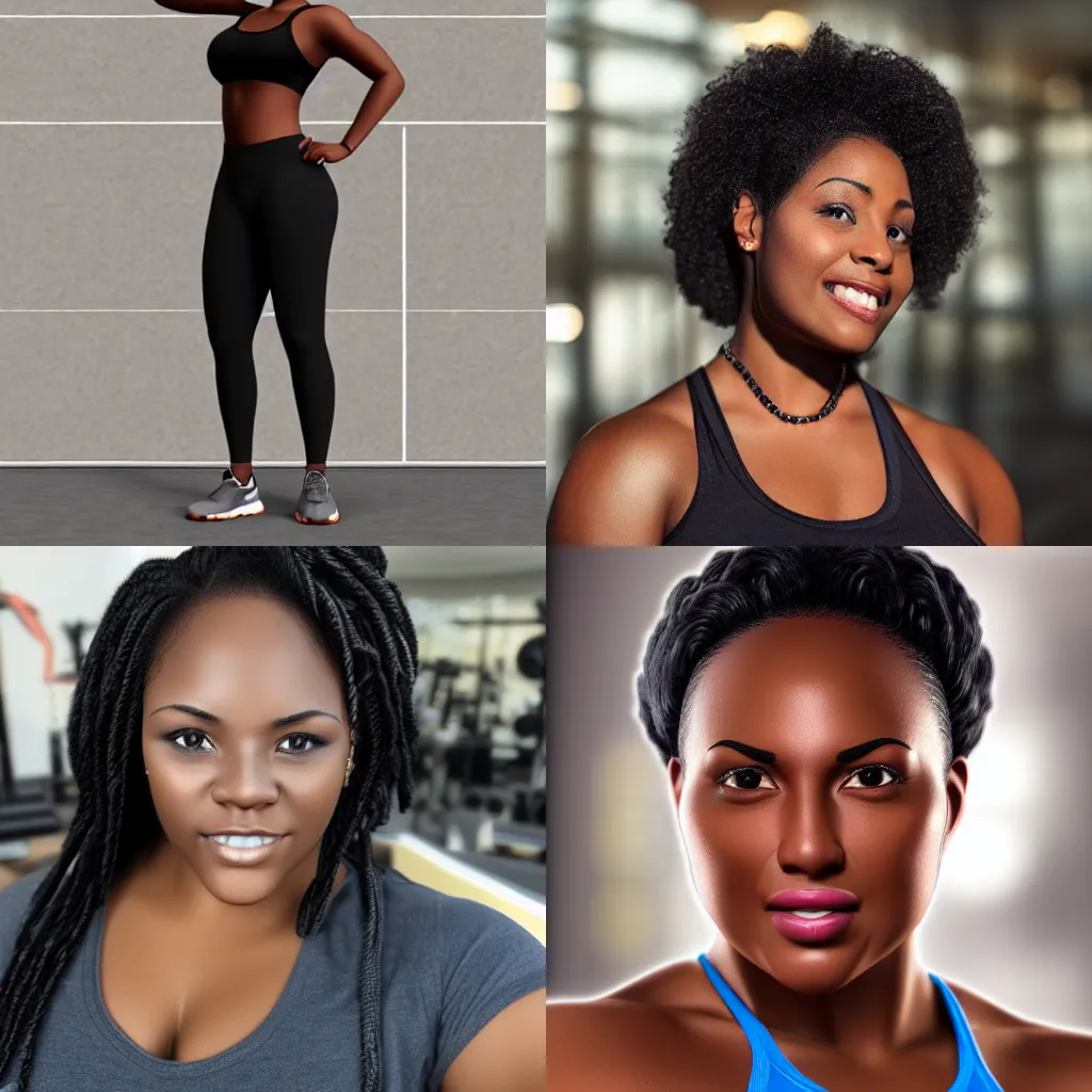 Prompt: Photorealistic photo of a Black woman who is thick,work out clothes,detailed face, taken on iPhone 14 pro