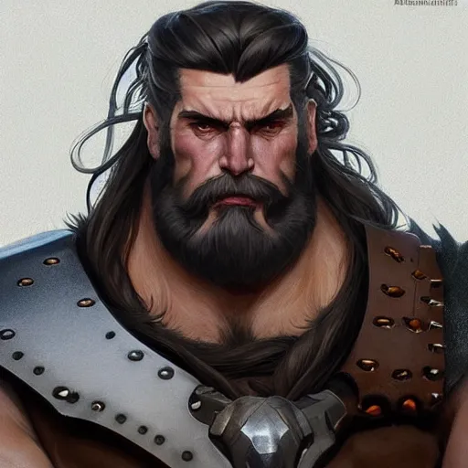Image similar to high fantasy character portrait of a huge muscular tall giant Reinhardt from Overwatch, long white hair and beard, intricate, wild, highly detailed, digital painting, artstation, upper body, concept art, smooth, sharp focus, illustration, art by artgerm and greg rutkowski and alphonse mucha