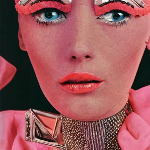 Prompt: close up of a fashion model in the sixties, avant - garde dress, official valentino editorial, highly detailed