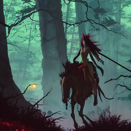 Prompt: the demon knight with long red hair rides her skeletal steed in the dark forest by studio ghibli, Makoto Shinkai, beeple, artgerm and Atey Ghailan, Goro Fujita, 4K, highly detailed, inspired by dark souls ((vibrant but dreary brown, blue and black color scheme))