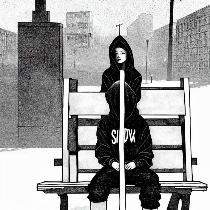 Prompt: sadie sink in a hoodie sits on a bench in a square, pedestrians walk past. background of old soviet monument. storyboard, scifi cyberpunk. by gabriel hardman, joe alves, chris bonura. cinematic atmosphere, detailed and intricate, perfect anatomy