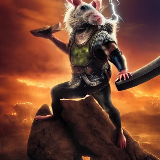 Image similar to the rat thor ~ holding his hammer ~ dramatic thunder background ~ fighting scene ~